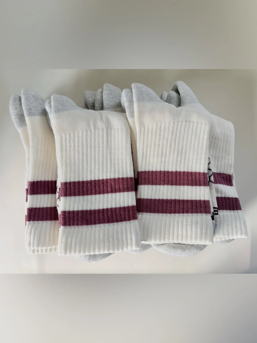 Bombas 8-Pack White Athletic Crew Socks with Maroon Double Stripes